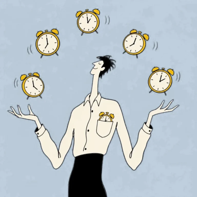 Illustration of a person juggling five alarm clocks with one tucked in a shirt pocket, cobalt blue background