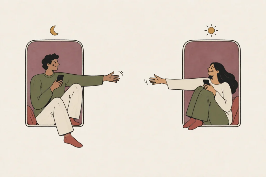 Illustration of a long-distance couple reaching towards each other from two windows, one under a moon and one under a sun