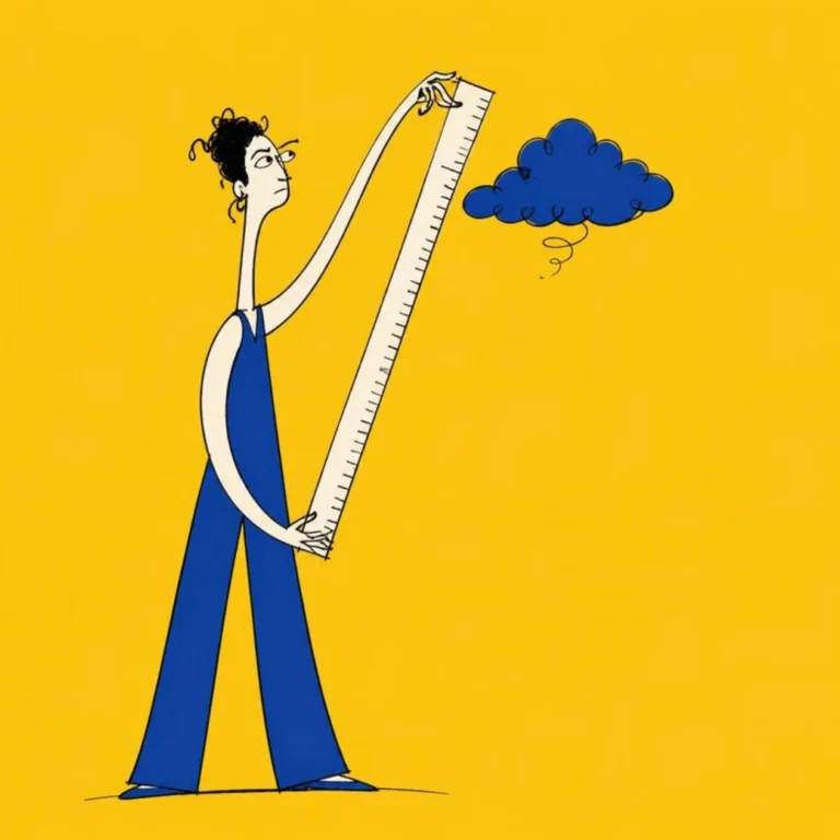 Illustration of a person holding a long ruler up to a small cloud to measure it, yellow background