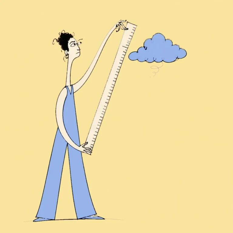 Illustration of a person holding a long ruler up to a small cloud to measure it, yellow background