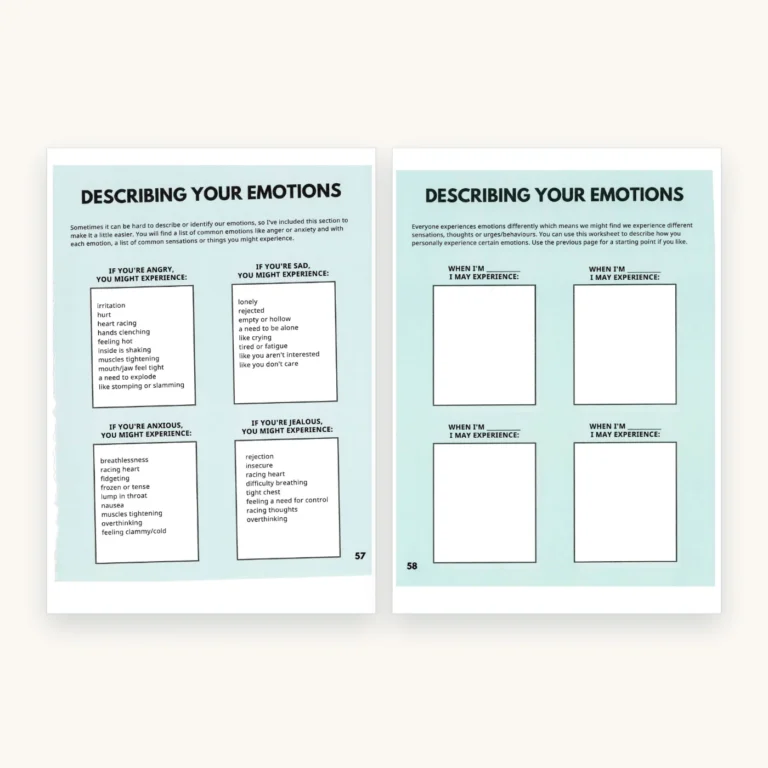 XXXL Mental Health Worksheets Bundle, inside pages 57 and 58