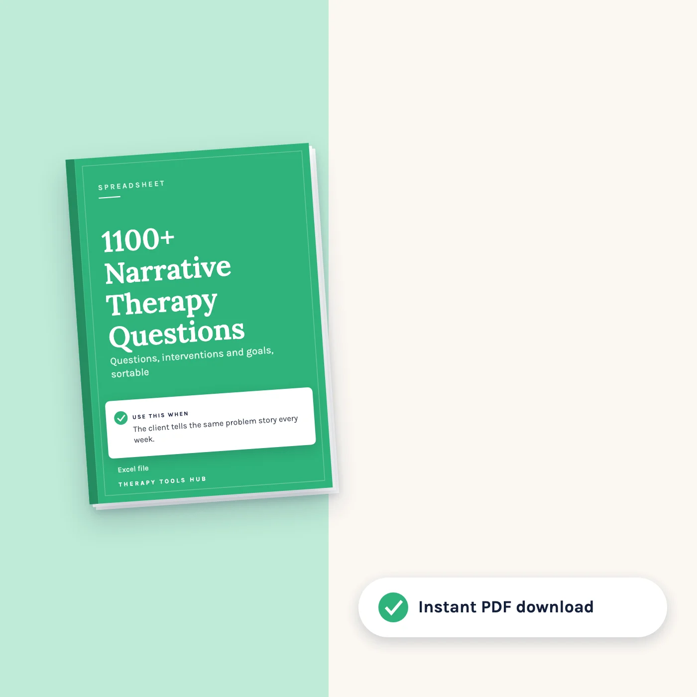 1100+ Narrative Therapy Questions and Interventions: cover with inside pages, instant PDF download
