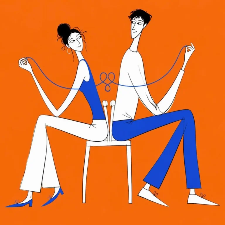 Illustration of two people sitting back to back on one chair, each holding an end of the same blue string, pink background