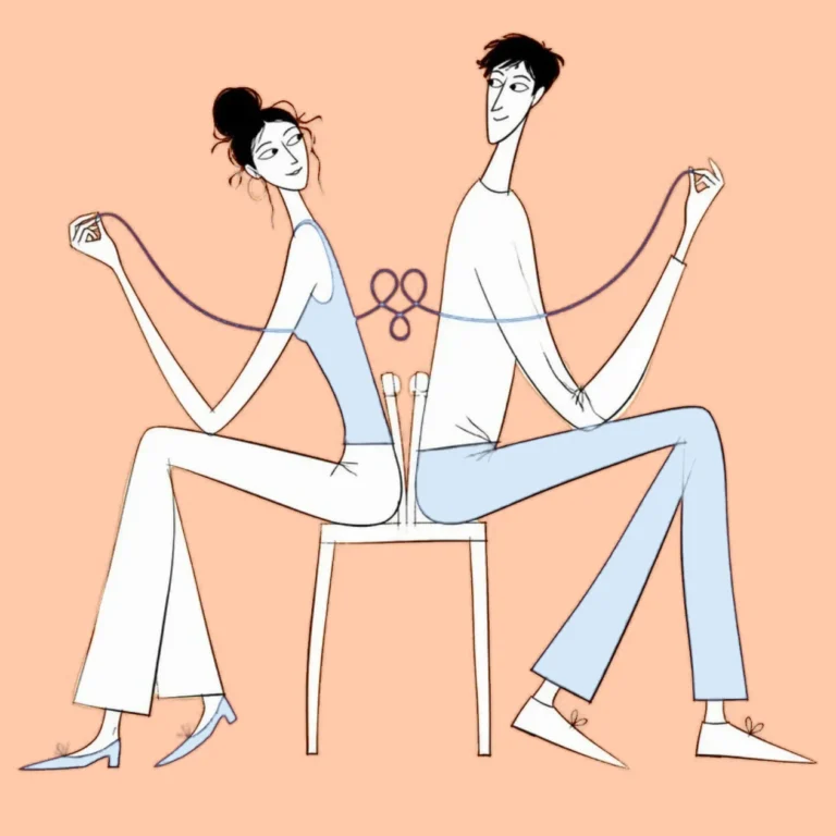 Illustration of two people sitting back to back on one chair, each holding an end of the same blue string, pink background