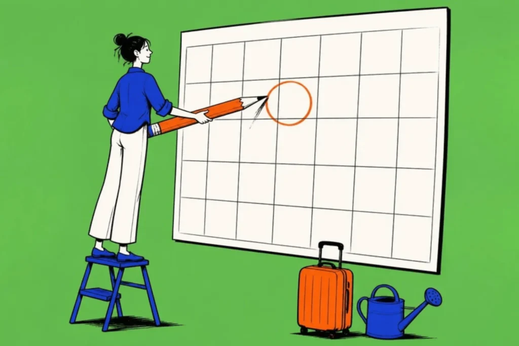 Person on a step stool circling one date on a wall-sized calendar with an oversized pencil, green background