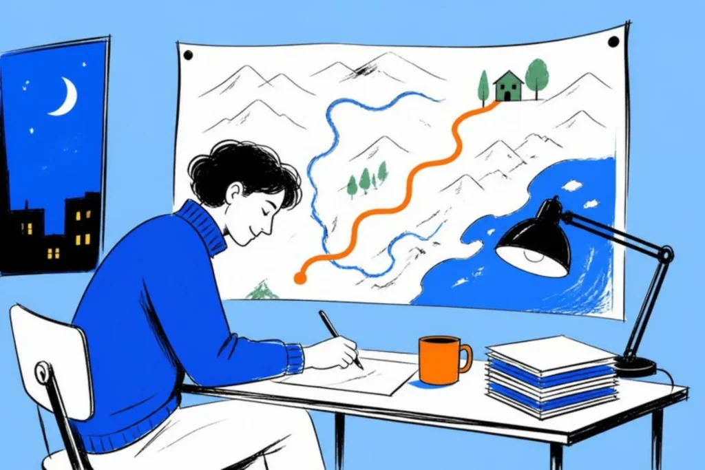 Person writing at a desk under a lamp with a large map on the wall showing one orange route, sky-blue background