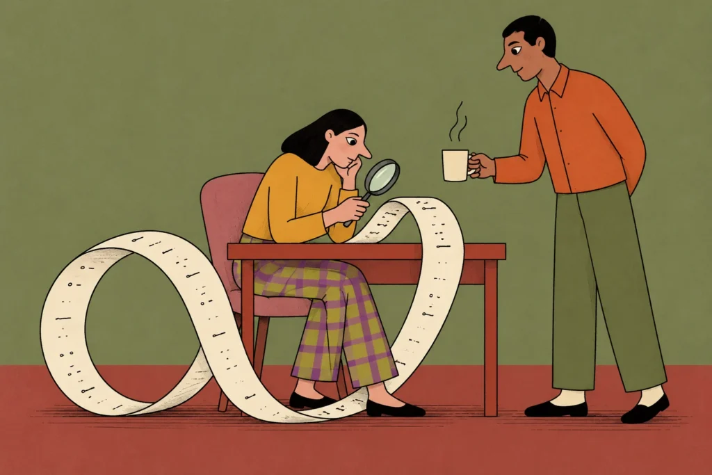 Illustration of a woman studying an endless loop of paper with a magnifying glass while a man offers her a cup of tea