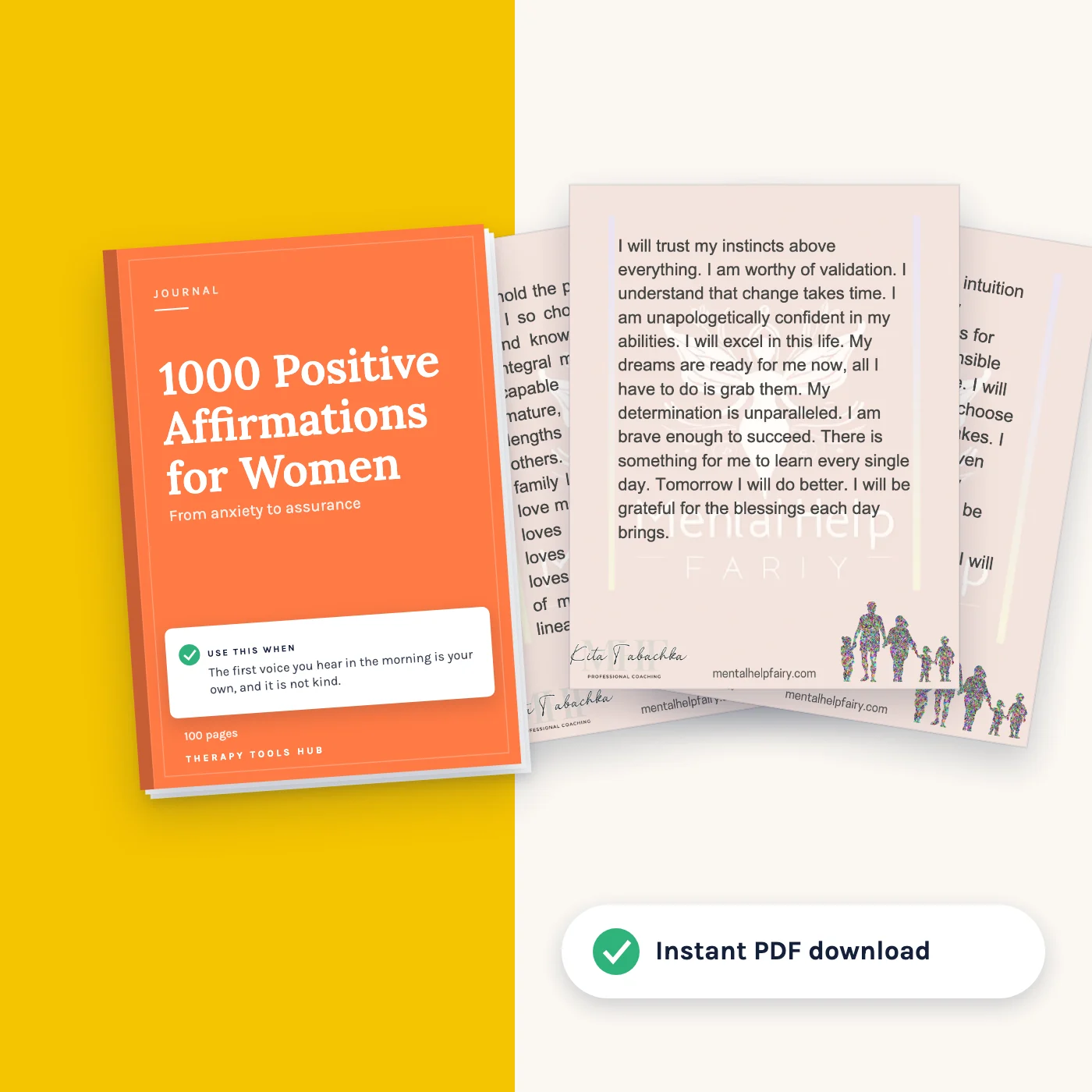 1000 Positive Affirmations for Women: From Anxiety to Assurance: cover with inside pages, instant PDF download