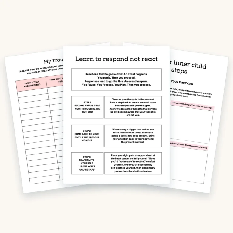 PTSD and Trauma Processing Workbook, pages 7, 13, 18 fanned out