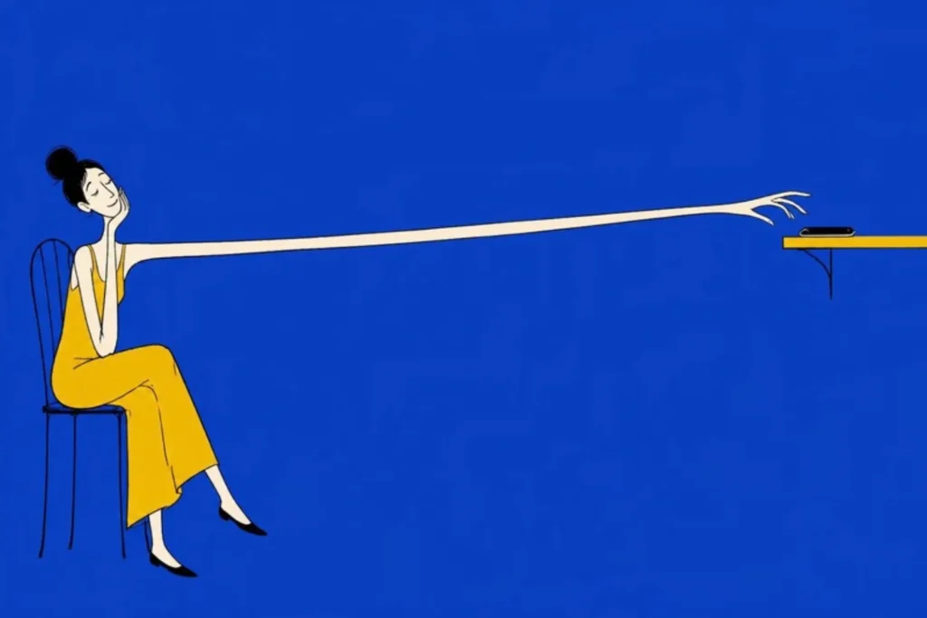 Illustration of a woman on a chair with one impossibly long arm stretching across the room towards a phone on a shelf, cobalt blue background