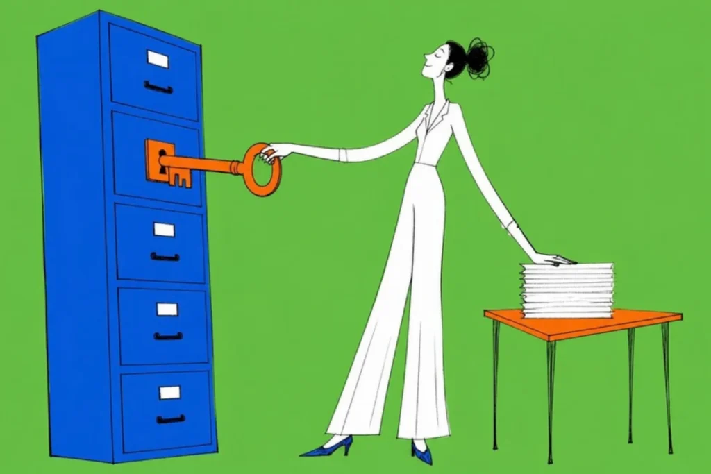 Illustration of a therapist locking a blue filing cabinet with a giant orange key while blank templates sit on a desk, green background