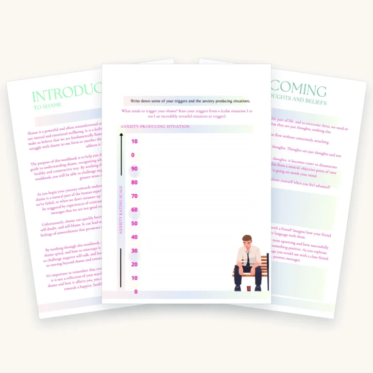Shame Spiral Workbook, pages 2, 4, 5 fanned out