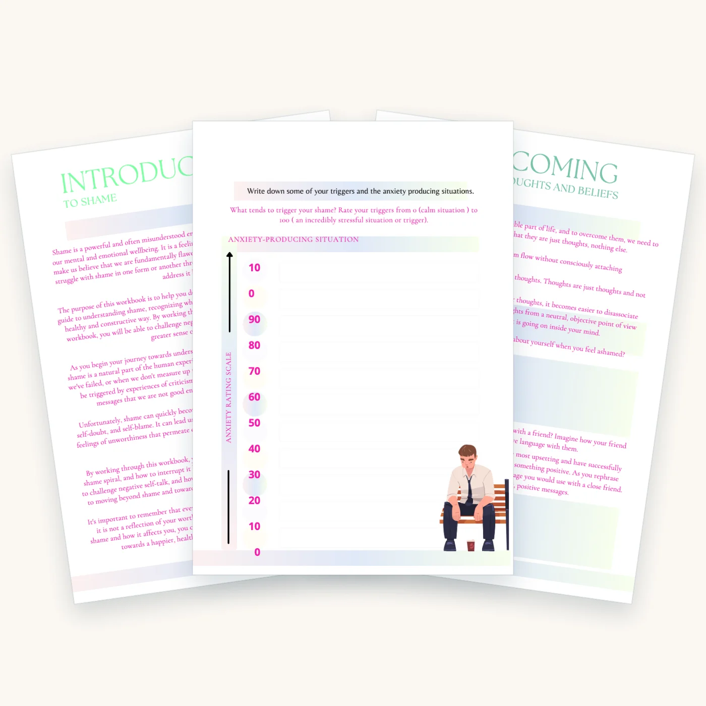 Shame Spiral Workbook, pages 2, 4, 5 fanned out