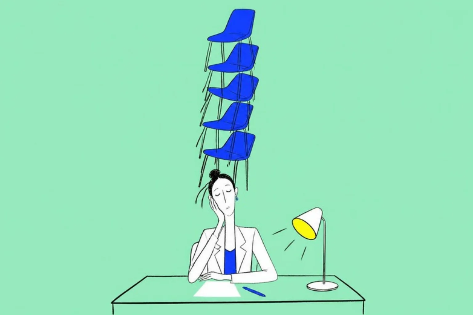 Illustration of a tired therapist at a desk in the evening with six chairs stacked on her head and a blank sheet in front of her, olive background