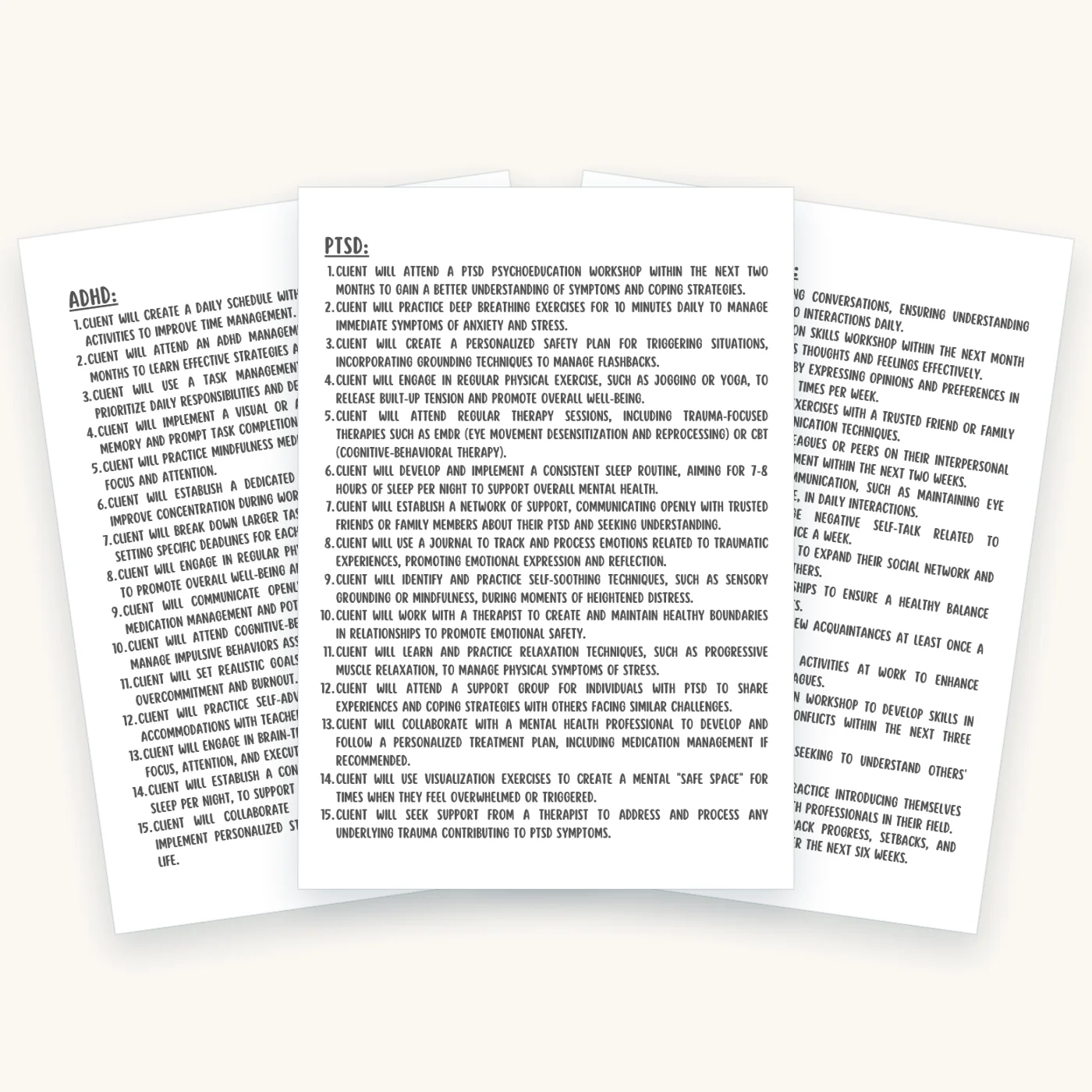 300 SMART Goals for Treatment Planning, pages 3, 4, 6 fanned out