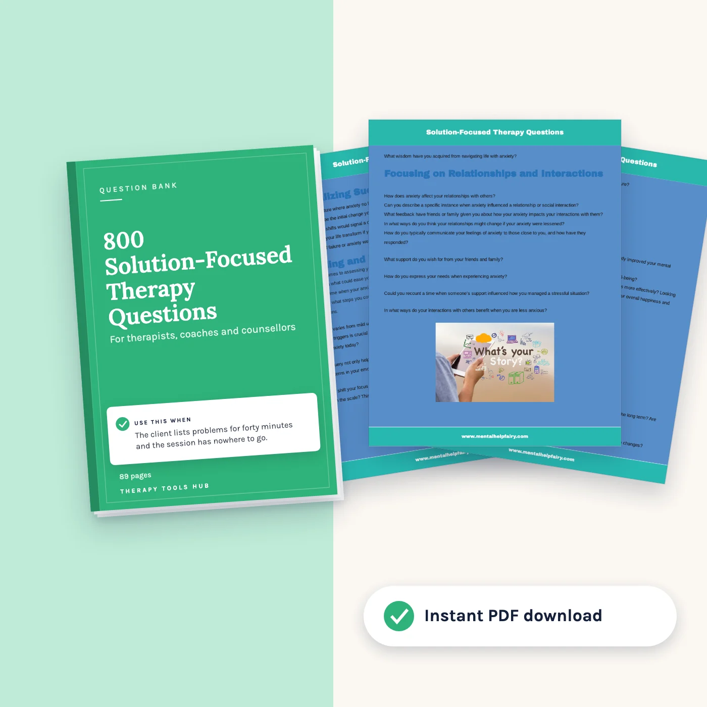 800 Solution-Focused Therapy Questions: cover with inside pages, instant PDF download