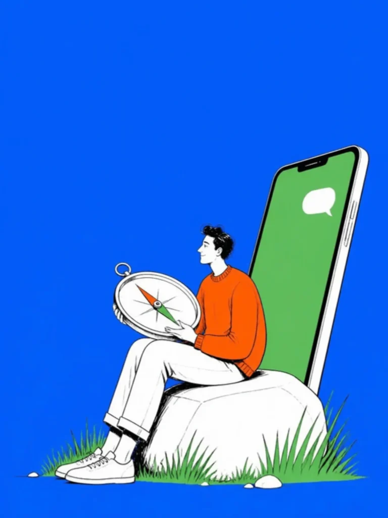 Person in an orange jumper sitting on a boulder holding an oversized compass beside a giant phone showing one message