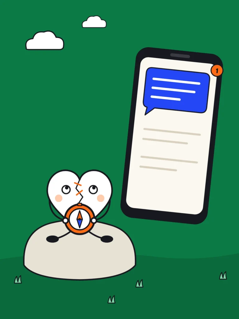 The mended heart character sitting on a boulder holding a compass, beside a giant phone showing one new message