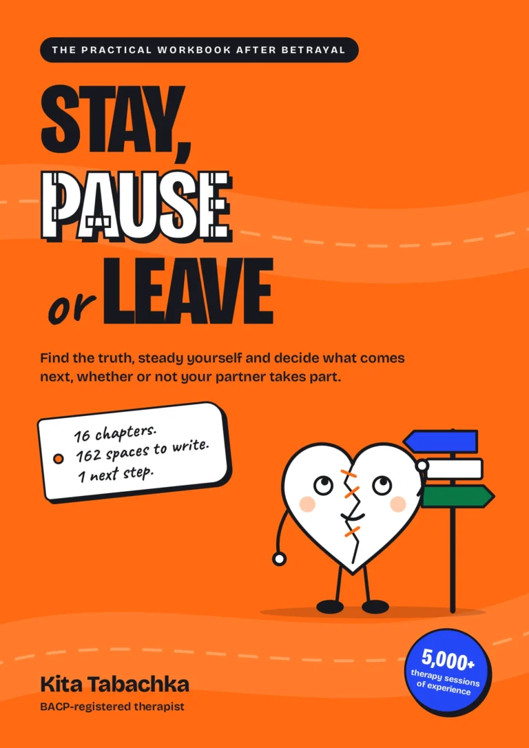 Stay, Pause or Leave: the practical workbook after betrayal, cover with a figure on a solid rock and three stepping-stone paths