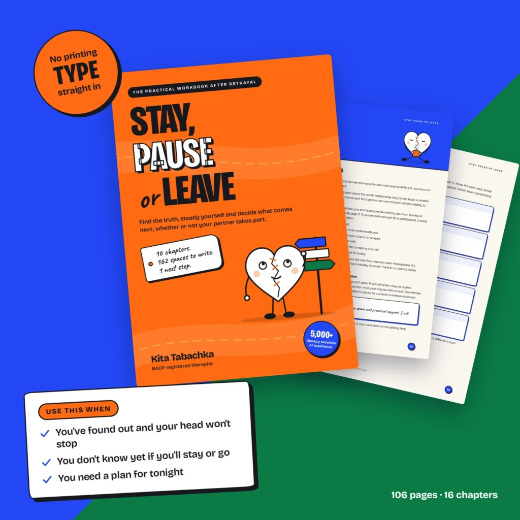 Stay, Pause or Leave workbook: cover with three real inside pages fanned out, instant PDF download