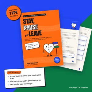 Stay, Pause or Leave workbook: cover with three real inside pages fanned out, instant PDF download