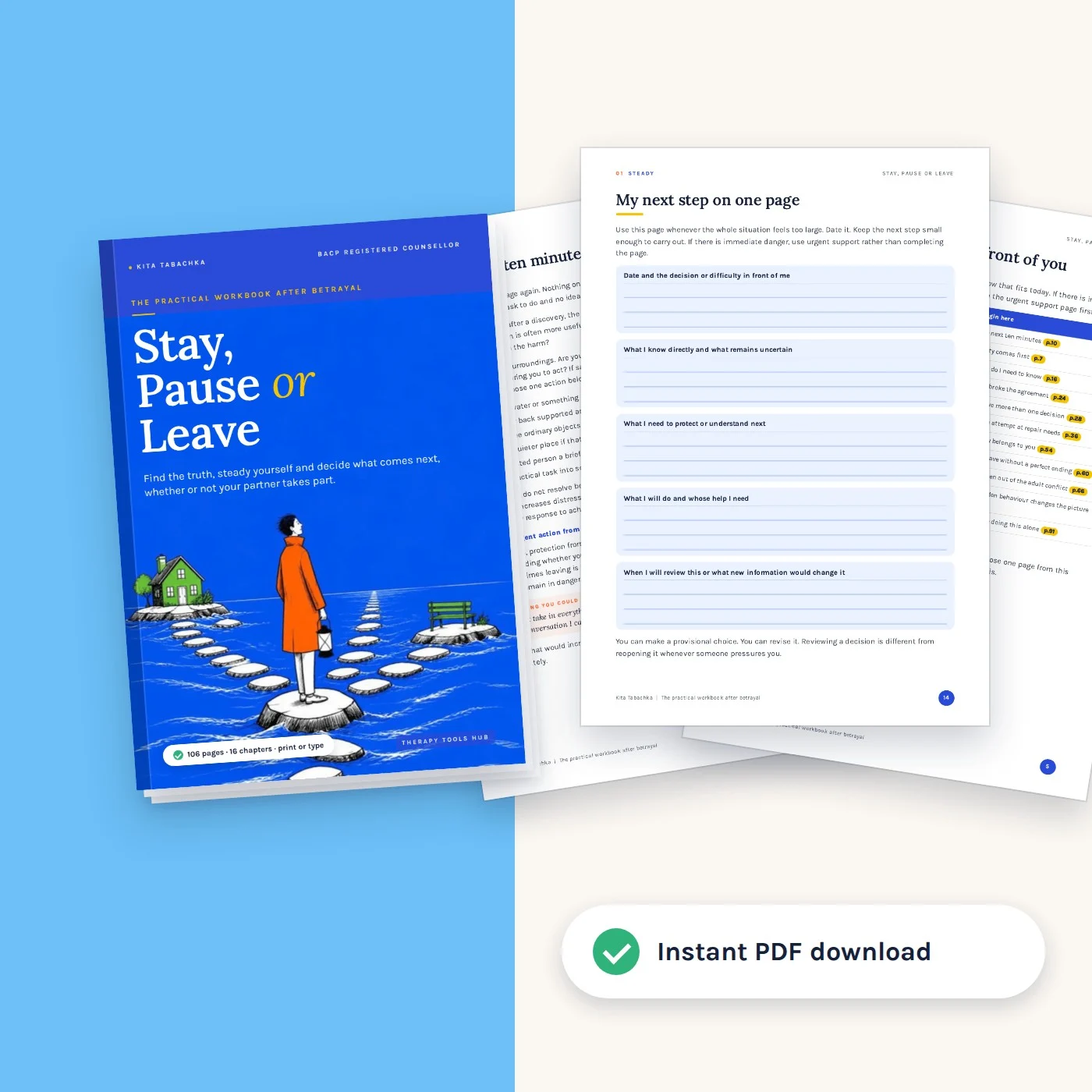 Stay, Pause or Leave workbook: cover with three real inside pages fanned out, instant PDF download