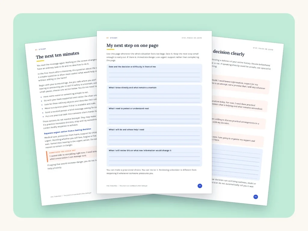Real pages from the Stay, Pause or Leave workbook: pages 10, 14 and 35