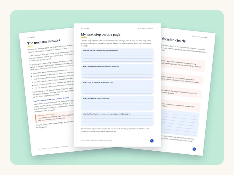 Real pages from the Stay, Pause or Leave workbook: pages 10, 14 and 35