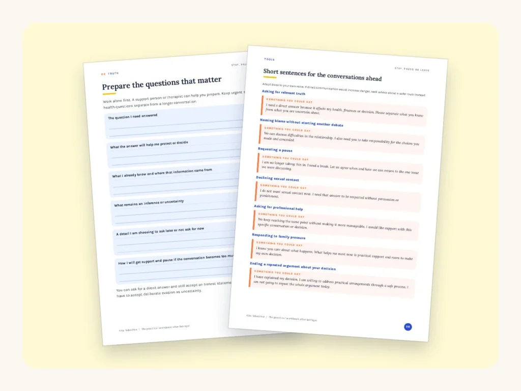 Real pages from the Stay, Pause or Leave workbook: pages 20 and 98