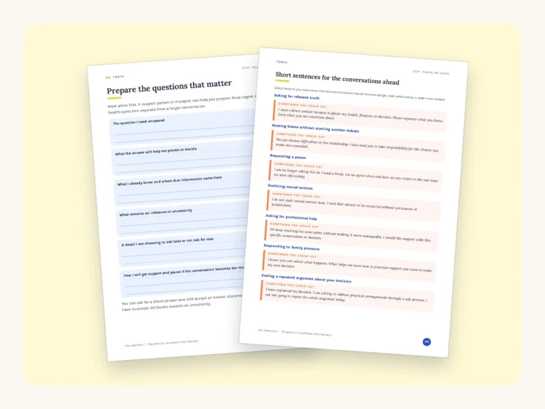 Real pages from the Stay, Pause or Leave workbook: pages 20 and 98