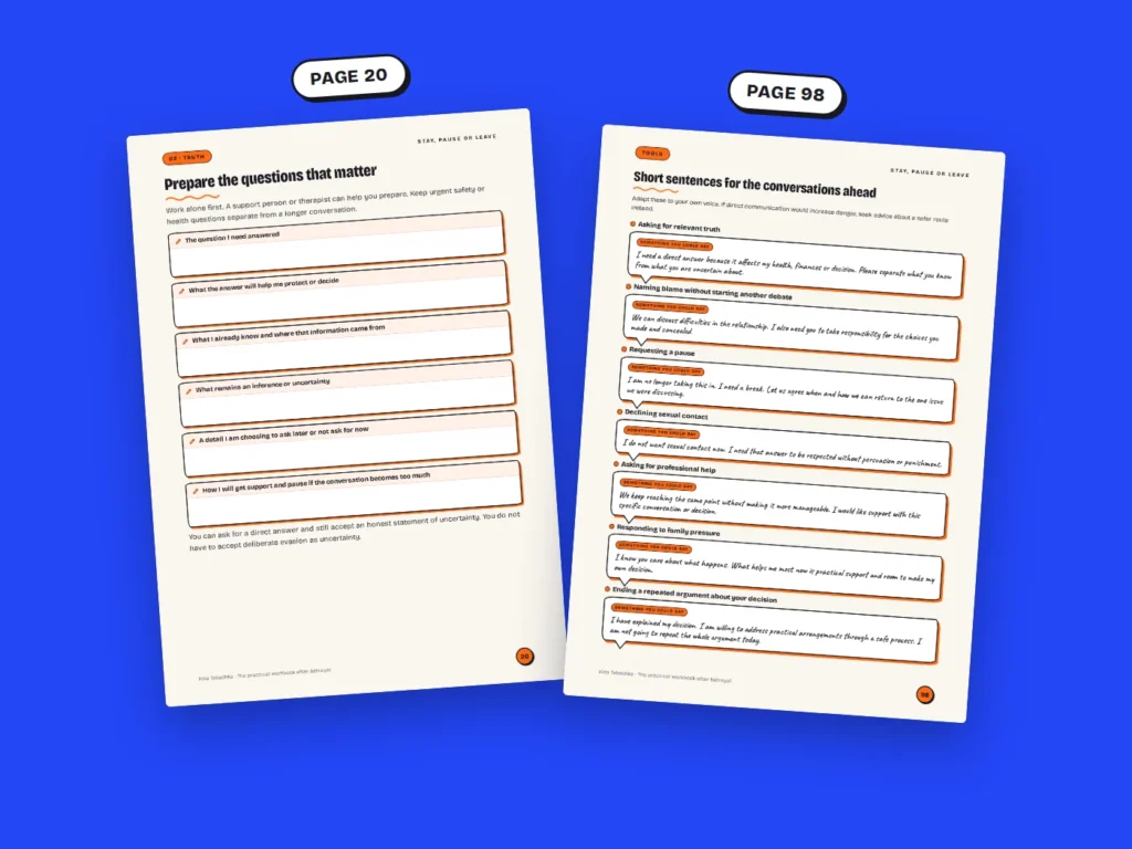 Real pages from the Stay, Pause or Leave workbook: pages 20 and 98