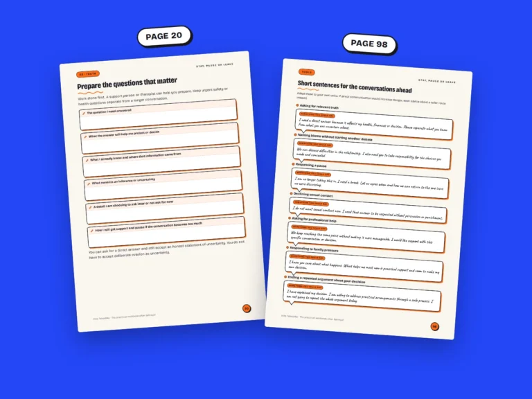 Real pages from the Stay, Pause or Leave workbook: pages 20 and 98