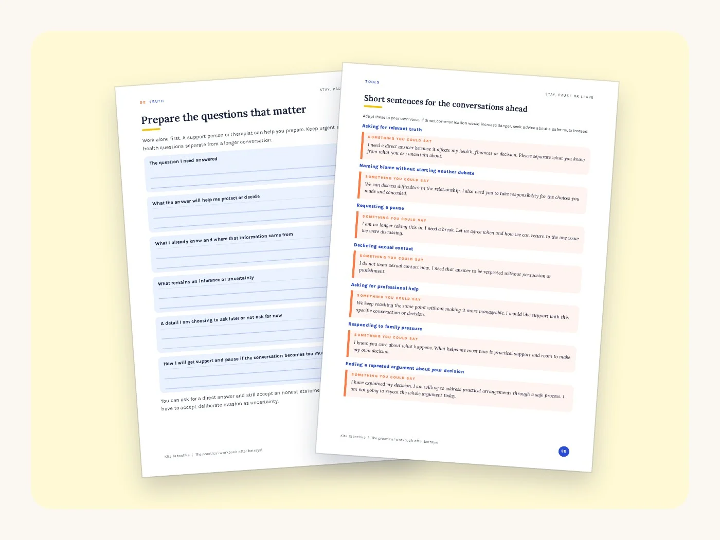 Real pages from the Stay, Pause or Leave workbook: pages 20 and 98