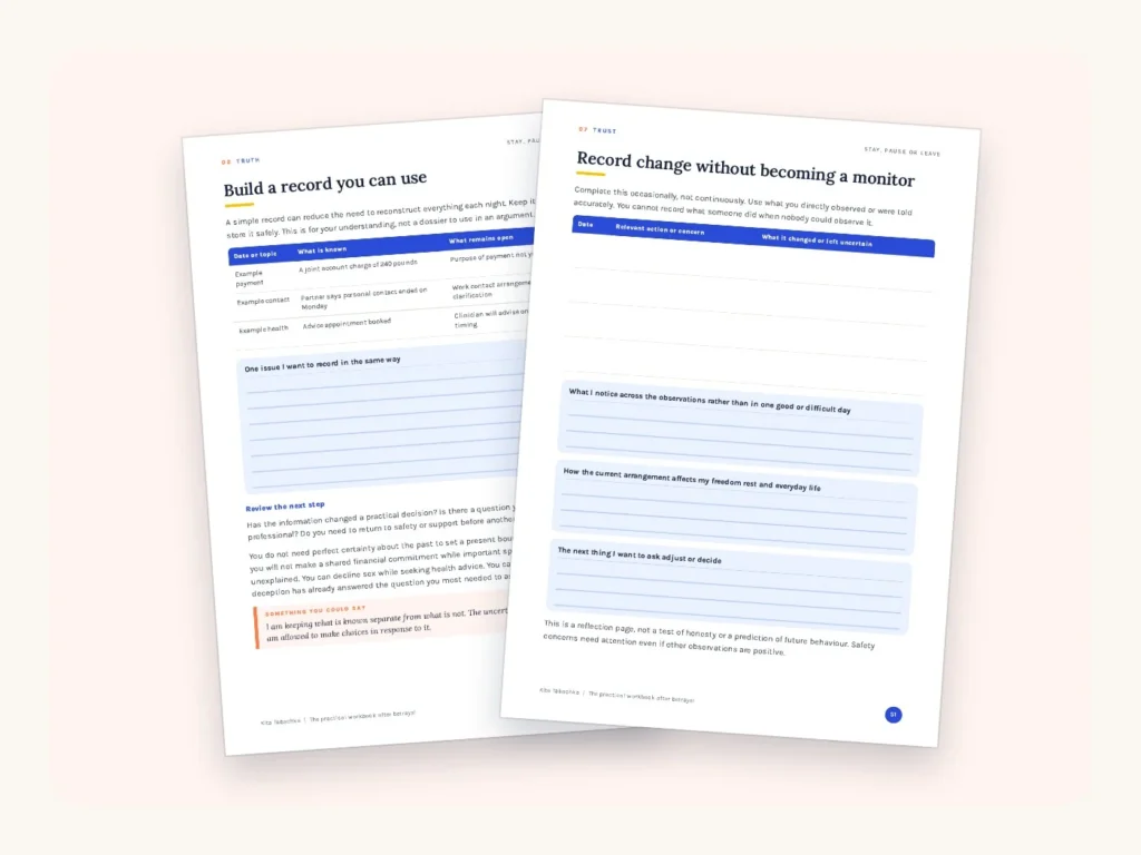 Real pages from the Stay, Pause or Leave workbook: pages 21 and 51
