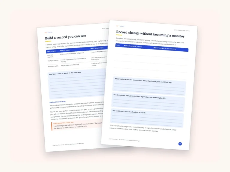 Real pages from the Stay, Pause or Leave workbook: pages 21 and 51