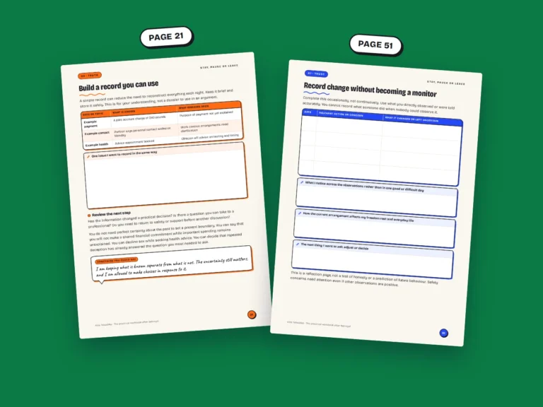 Real pages from the Stay, Pause or Leave workbook: pages 21 and 51