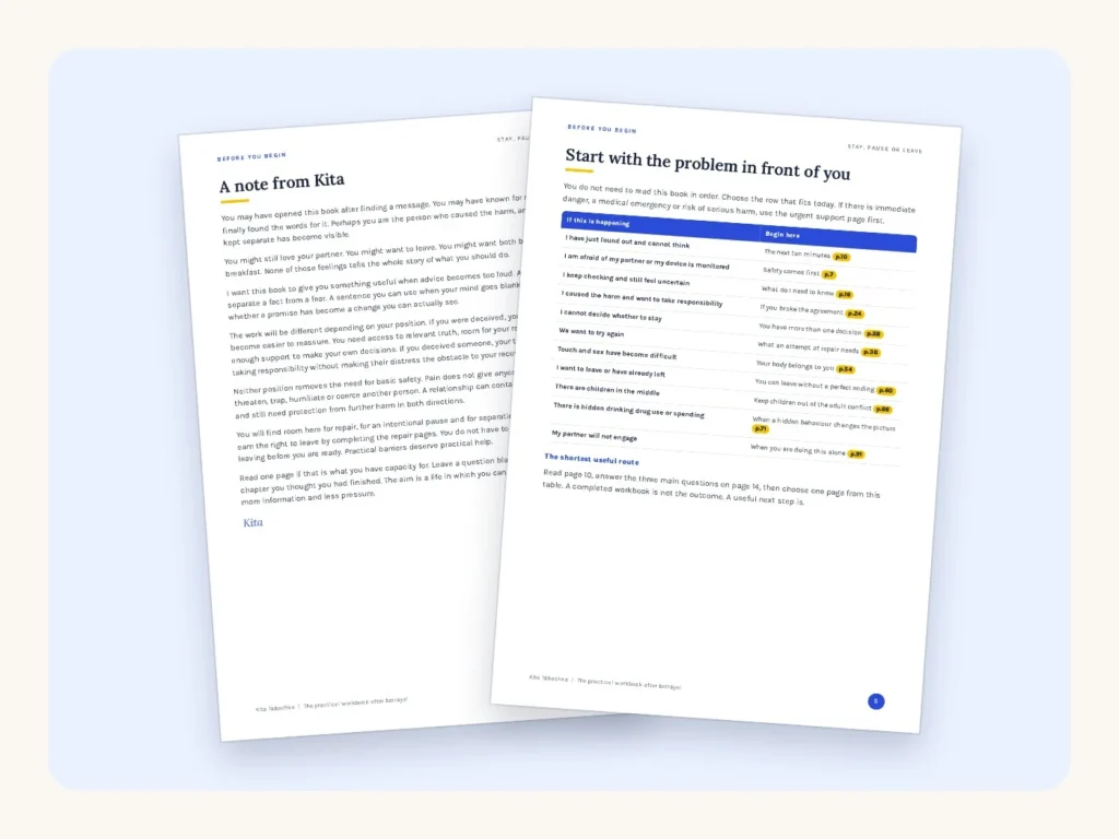 Real pages from the Stay, Pause or Leave workbook: pages 3 and 5