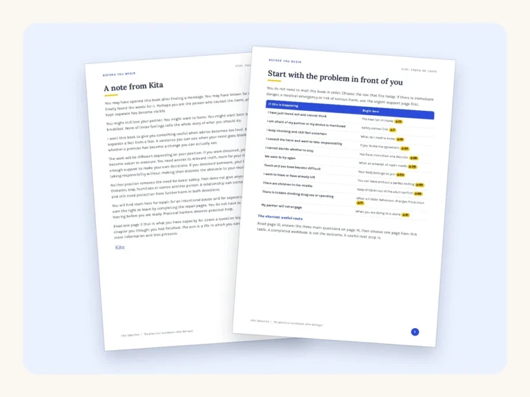 Real pages from the Stay, Pause or Leave workbook: pages 3 and 5