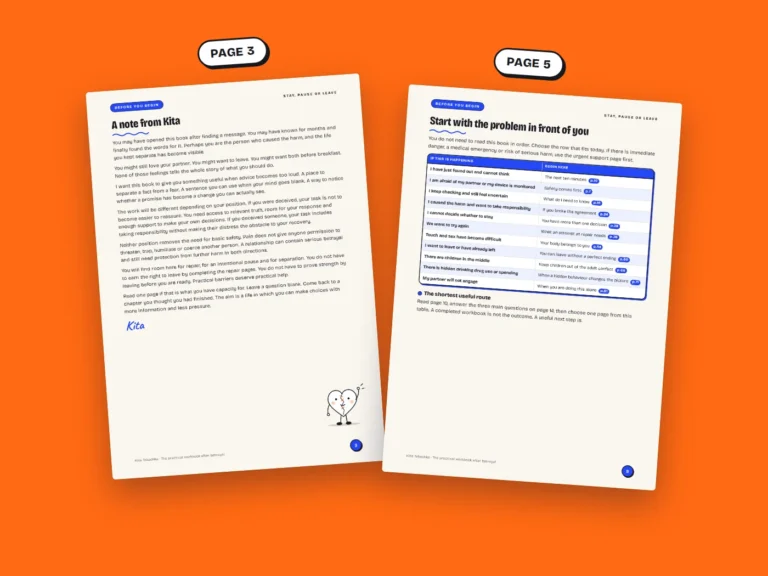 Real pages from the Stay, Pause or Leave workbook: pages 3 and 5