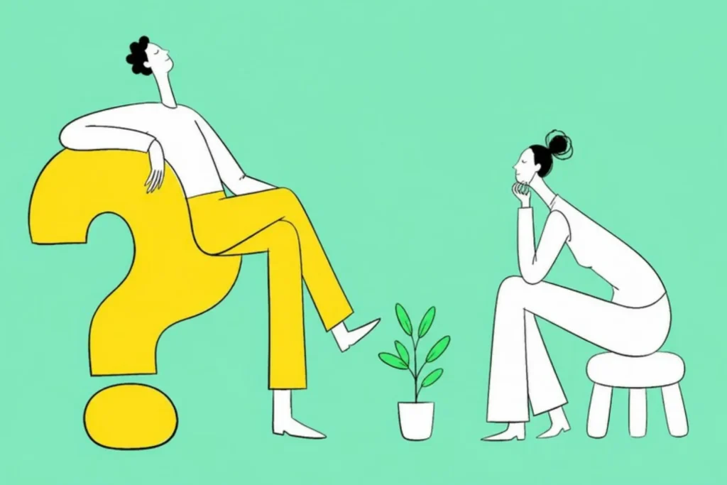 Illustration of a client lounging on a giant question mark as an armchair while the therapist leans in from a low stool, a small plant between them, plum background