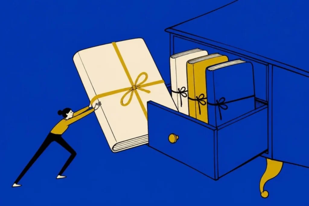 Illustration of a small person pushing a piano-sized planner tied with a ribbon into a drawer already holding three others, cobalt background