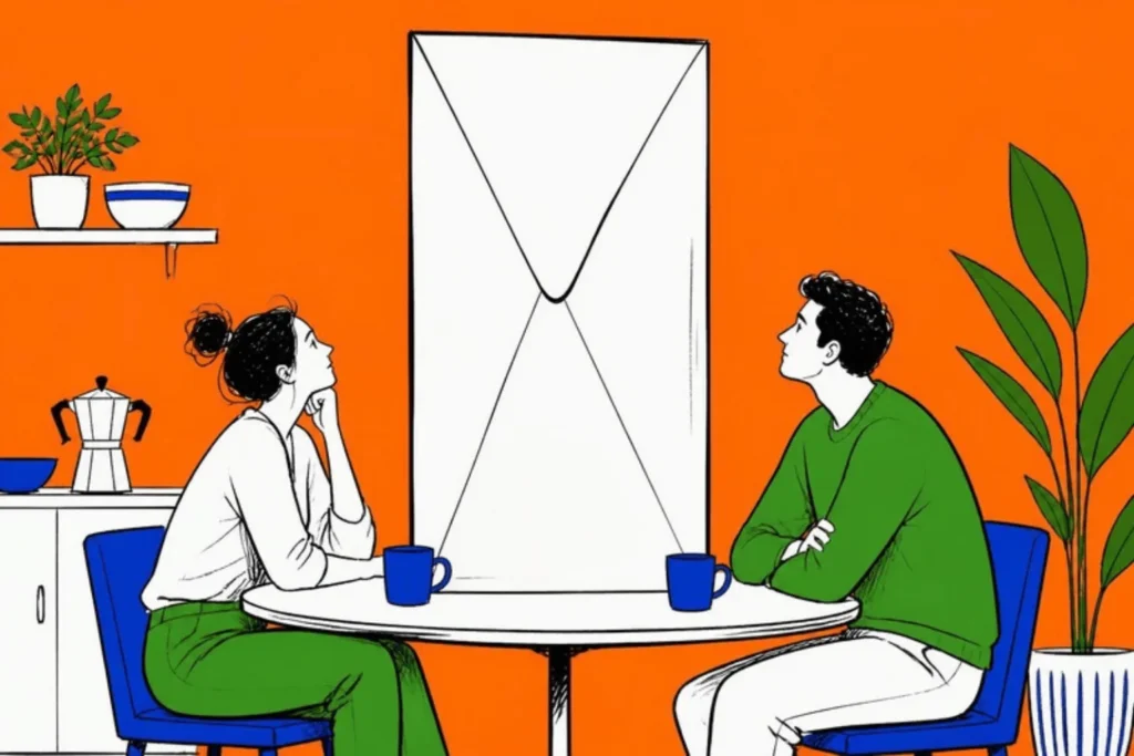 Two adults at a kitchen table with one enormous sealed envelope standing between them, orange background