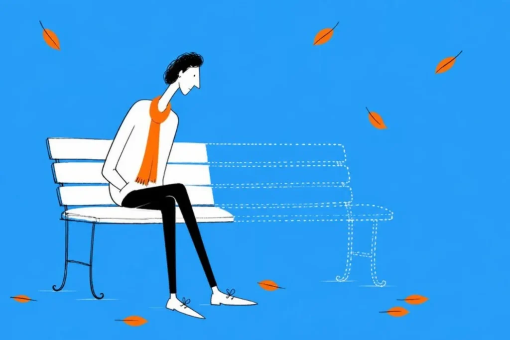 Illustration of a person on a park bench in autumn, the other half of the bench drawn only as a dotted outline, sage green background