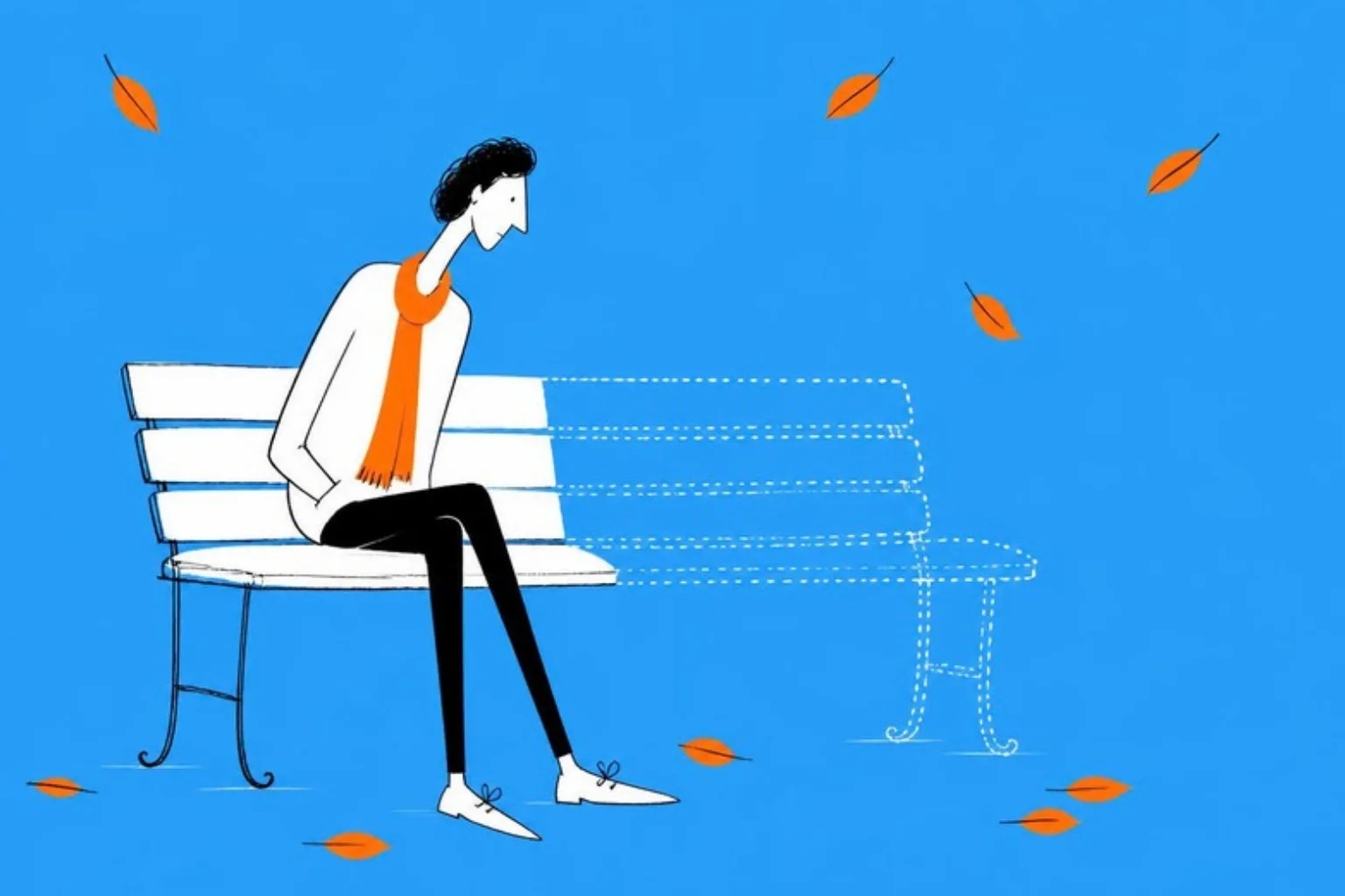 Illustration of a person on a park bench in autumn, the other half of the bench drawn only as a dotted outline, sage green background