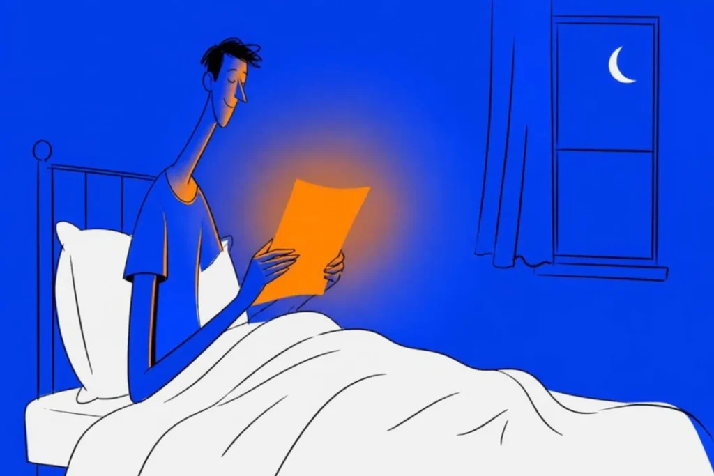 Illustration of a person sitting up in bed at night reading a page which glows like a lamp, lilac background