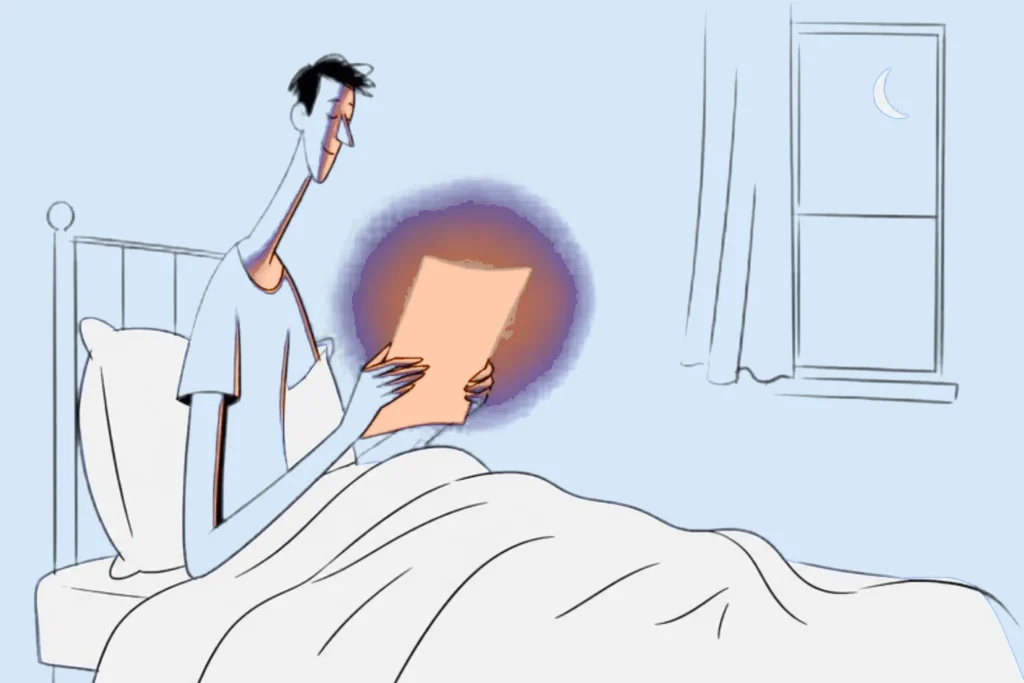 Illustration of a person sitting up in bed at night reading a page which glows like a lamp, lilac background