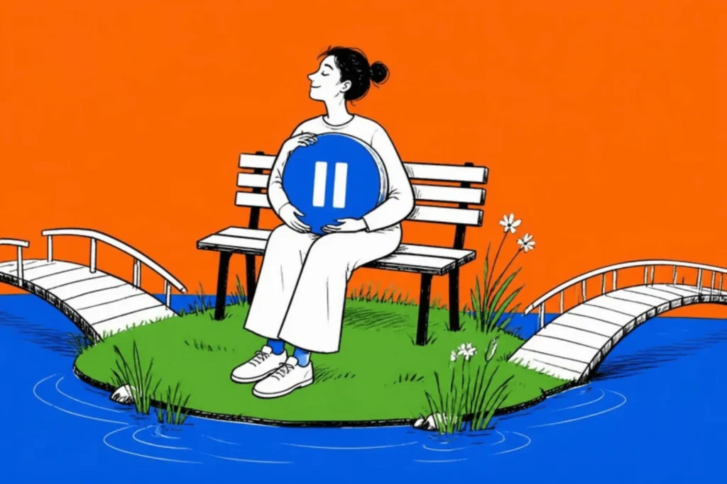 Person on a park bench holding a large pause symbol, on a small island with two bridges, orange background