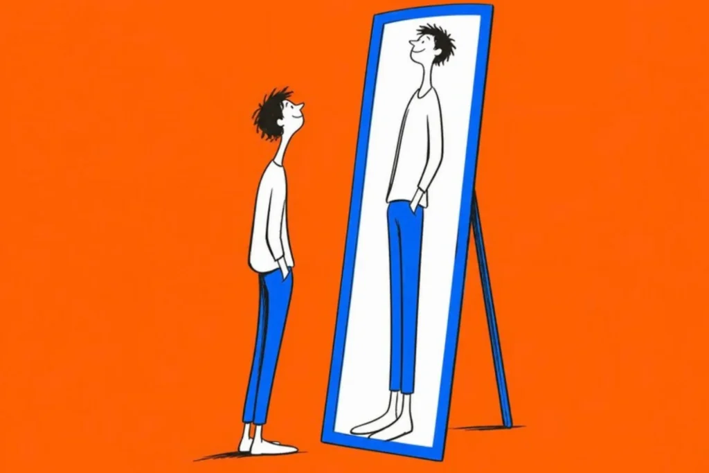 Illustration of a person in front of a full-length mirror whose reflection stands a little taller, lilac background