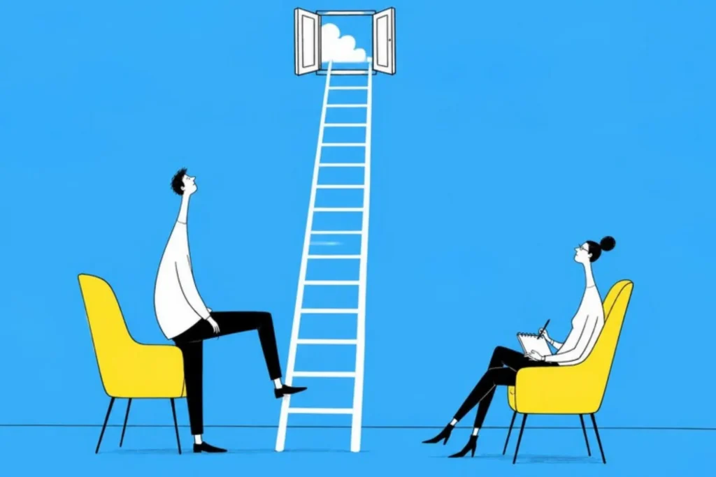 Illustration of two chairs facing each other with a ladder of ten rungs rising between them to an open window, a client with one foot on the first rung, olive background