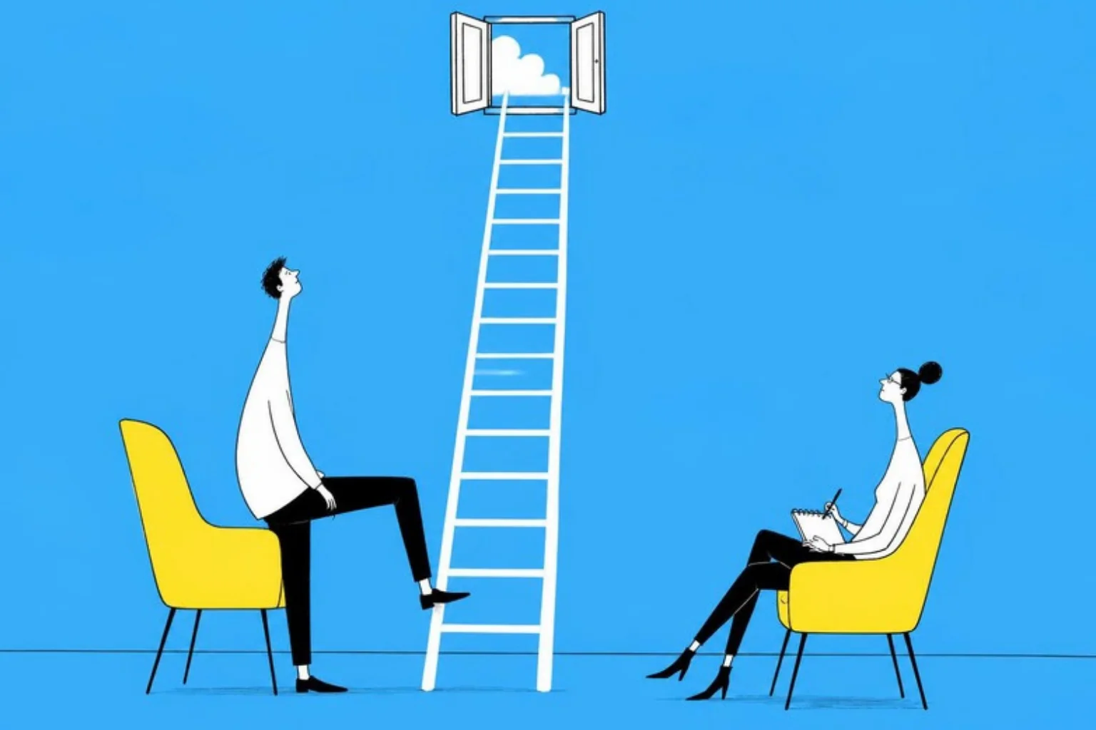 Illustration of two chairs facing each other with a ladder of ten rungs rising between them to an open window, a client with one foot on the first rung, olive background